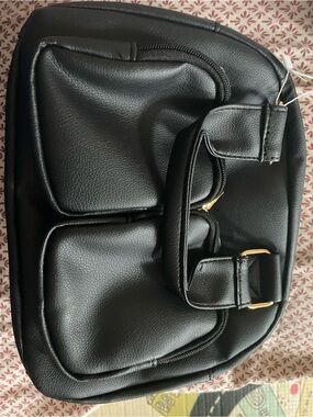 Black Women's Faux Leather Shoulder Bag with Front Pockets